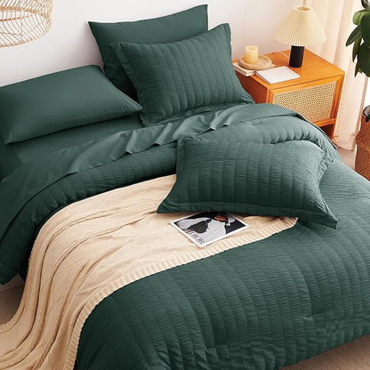 CozyLux King Size Comforter Set Forest Green Seersucker 7 Pieces Bed in a Bag King Comforter Set with Sheets, Luxury Bedding Set with Down Alternative Comforter, Sheets, Pillowcases & Shams All Season