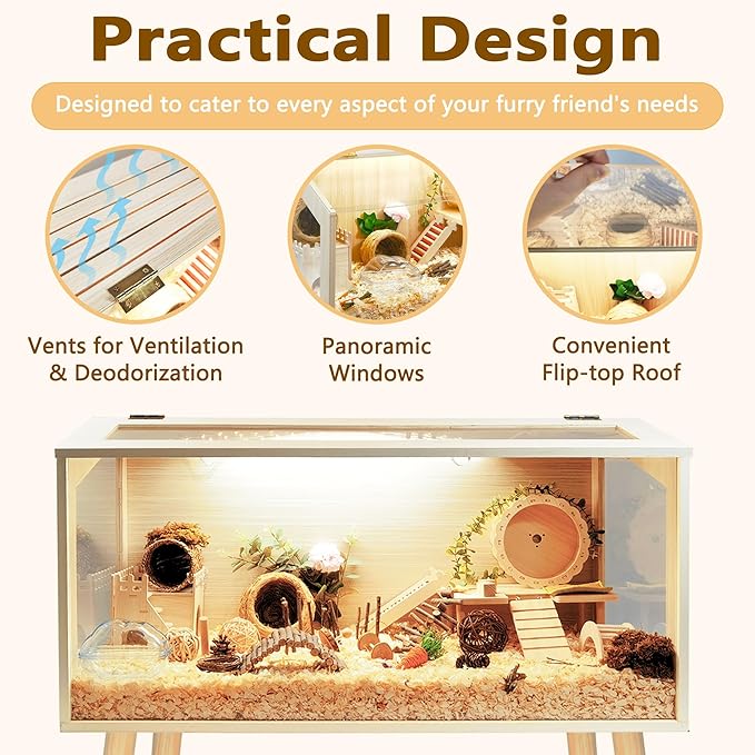Prolee Hamster Cage Wooden Chew Proof, Extra Large Mice and Rat Habitat Openable Top with Acrylic Sheets Solid Built Small Animal Cage with Leg Stands, 40 Inch Long-Mewly Pet