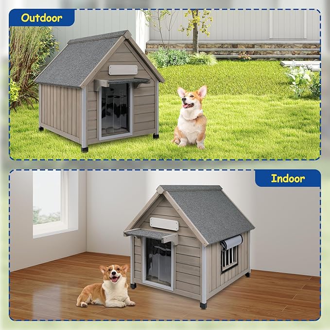 Outdoor Dog House Waterproof for Medium Small Dogs with Anti-Chewing Iron Frame, Adjustable Vent Window, Indoor & Outdoor Doghouse Kennel Puppy Shelter, Easy Clean and Assemble (26" L*31.9" W*32" H)-Mewly Pet