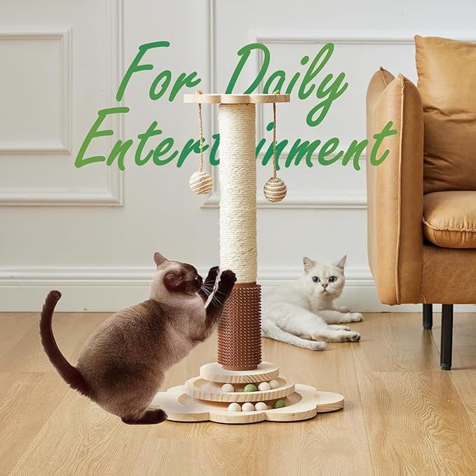 Cat Sisal Scratching Post, 4 in 1 Wooden Cat Scratcher Toy with Groomer, 24" Tall Scratch Post with 2-Layer Interactive Track Balls, Cat Climbing Tree with 2 Hanging Balls for Kittens-Mewly Pet