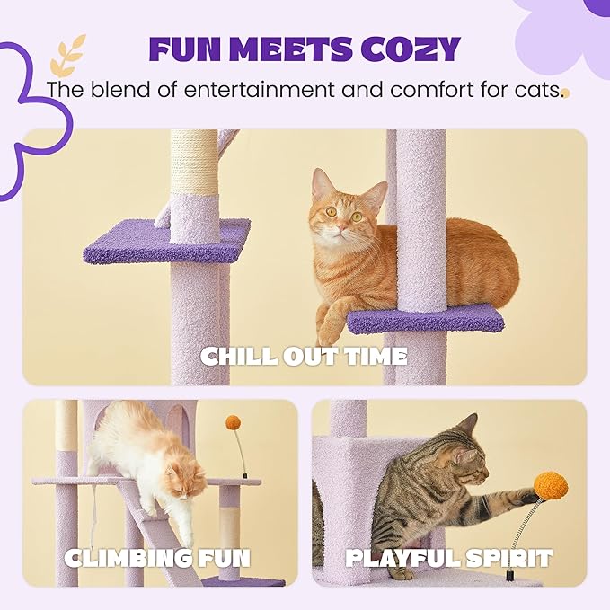 MWPO Flower Cat Tree for Indoor Cats, 63.8 Inches Multi-Level Cat Tower with Sisal-Covered Scratching Posts, Padded Platform, Hammock, Dangling Toys, Stable Cat Condo Pet Play House-Mewly Pet