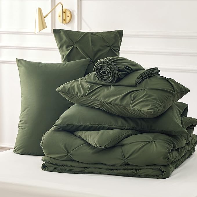 Bedsure Full Comforter Set Olive Green - Bed in a Bag Full Size Bedding Set 7 Pieces, GentleSoft™ Pintuck Bed Set Gift for Family, Pinch Pleat All Season Comforter with Sheets, Pillowcases & Shams