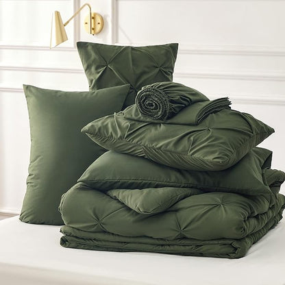 Bedsure Twin XL Comforter Set - Extra Long 5 Pieces Dorm Bedding Sets, GentleSoft™ Pinch Pleat Olive Green Bed in a Bag with Pintuck Comforter, Sheets, Pillowcase & Sham