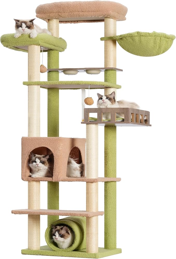 Cat Tree with Tunnel, Cat Tower for Indoor Cats, Tall Cactus Cat Tree Tower with Cat Condo, Food Station, Large Platform, Scratching Posts, Hammock, Green and Yellow GCT021GY-Mewly Pet