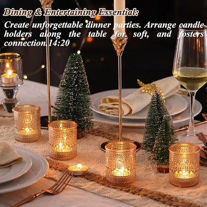 15Pcs Glass Votive Candle Holders, Gold Tea Light Candle Holders Vintage Fall Tealight Candle Holder Bulk for Autumn, Thanksgiving Table Centerpieces, Christmas Decor (Gold)