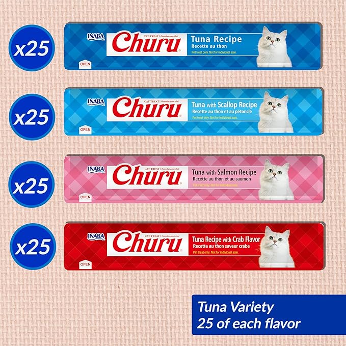 INABA Churu Cat Treats, Lickable, Squeezable Creamy Purée with Vitamin E, 0.5 Ounces per Tube, 100 Tubes Total, Tuna Variety-Mewly Pet