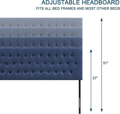 Tufted Upholstered Headboard Full Size, Solid Wood Head Board with Durable Metal Legs, Adjustable Height Full XL headboard from 37” to 51” Fabric Headboard in Modern Button Design, Blue