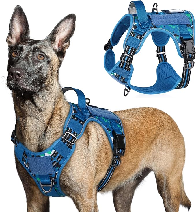 rabbitgoo Tactical Dog Harness for Large Dogs, No Pull Military Service Vest with Handle & Molle, Easy Control for Training Walking, Adjustable Reflective Straps, Blue Camo, L-Mewly Pet
