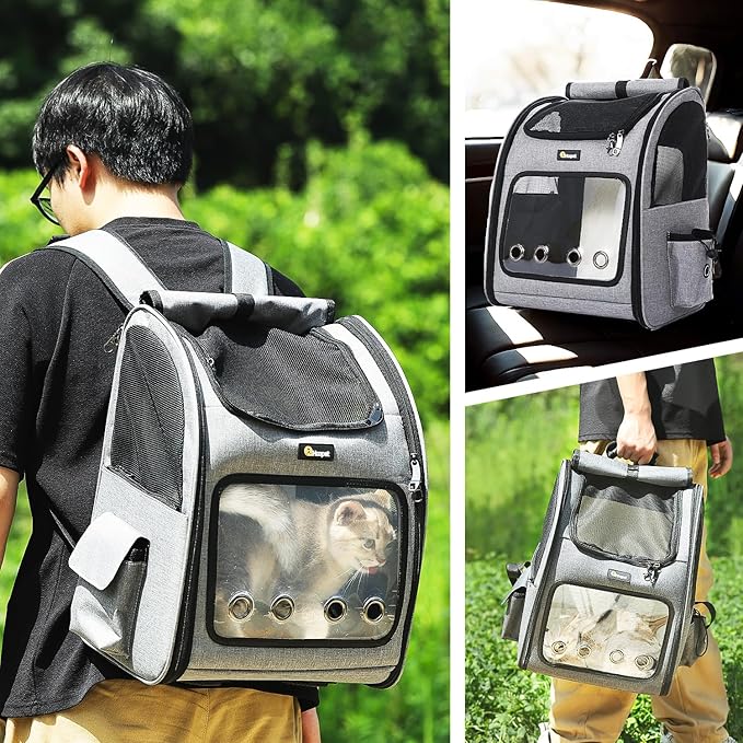 Hoopet Expandable Cat Backpack Carrier – Breathable Pet Carrier for Small Cats & Dogs, Foldable Travel Backpack with Mesh Ventilation for Hiking, Walking, Camping, Light Grey-Mewly Pet