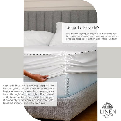Linen Home 100% Cotton Percale Sheets Queen Size, White, Deep Pocket, 4 Pieces Set - 1 Flat, 1 Deep Pocket Fitted Sheet and 2 Pillowcases, Crisp Cool and Strong Bed Linen