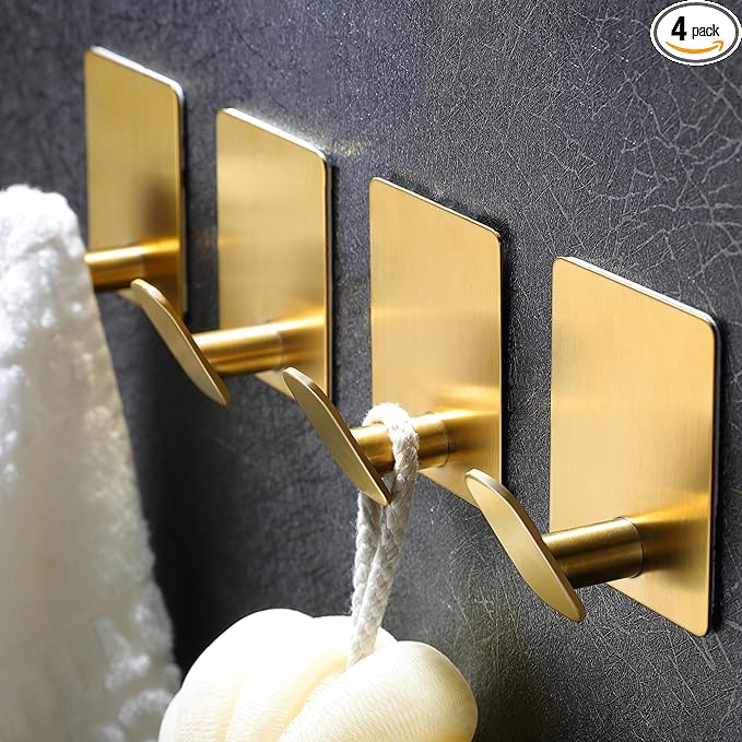 DELITON Gold Towel Hooks- 4 Pack Adhesive Hook for Coat Robe Clothes Stick on Bathroom Wall Brushed Gold Finish Heavy Duty, Stainless Steel