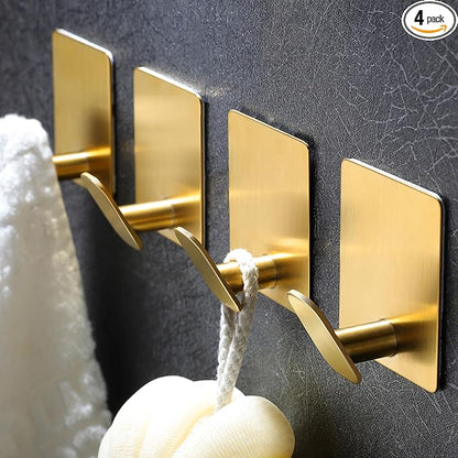 DELITON Gold Towel Hooks- 4 Pack Adhesive Hook for Coat Robe Clothes Stick on Bathroom Wall Brushed Gold Finish Heavy Duty, Stainless Steel