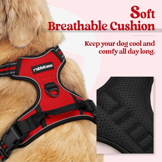 rabbitgoo Dog Harness, No-Pull Pet Harness with 2 Leash Clips, Adjustable Soft Padded Dog Vest, Reflective No-Choke Pet Oxford Vest with Easy Control Handle for Large Dogs, Red, L-Mewly Pet