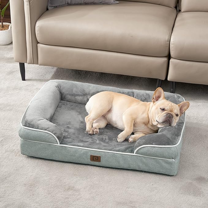 EHEYCIGA Orthopedic Dog Beds for Large Dogs, Waterproof Memory Foam Large Pet Bed with Sides, Non-Slip Bottom and Egg-Crate Foam Dog Couch Bed with Washable Removable Cover, Greyish Green-Mewly Pet