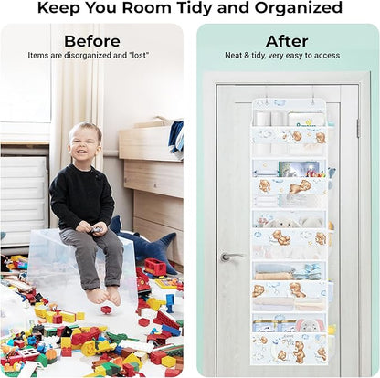 Clastyle Animals Over The Door Organizer Star Nursery Hanging Storage Organizer for Kids Clothes Diaper Toy Closet Door Hanging Shelf Storage for Bedroom Bathroom Pantry, Bear, 5-Tier