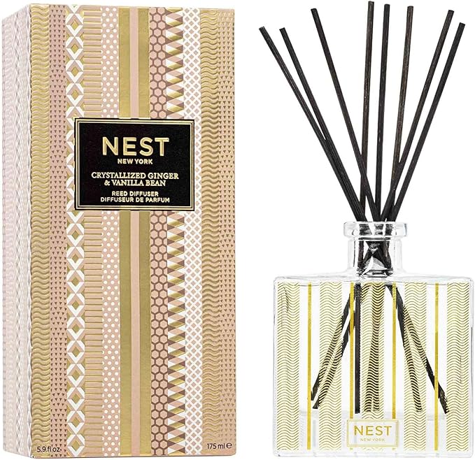 NEST New York Reed Diffuser, Crystallized Ginger & Vanilla Bean - 5.9 fl oz - Fragrance for Up to 90 Days - Reusable, Refillable Glass Holder - Includes 8 All-Natural Reed Sticks - Flame Free