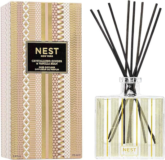 NEST New York Reed Diffuser, Crystallized Ginger & Vanilla Bean - 5.9 fl oz - Fragrance for Up to 90 Days - Reusable, Refillable Glass Holder - Includes 8 All-Natural Reed Sticks - Flame Free