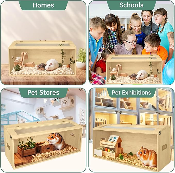 32" Hamster Habitat Enclosure, Top Opening Lockable Roof Door, Gerbil Dwarf Hamster Cage with Hygrometer, Chewproof Syrian Hamster Cage for Mice, Small Animal, (Wooden, 32" L x 16" W x 16" H)-Mewly Pet