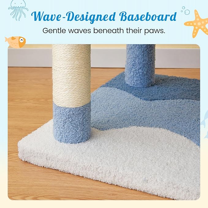 MWPO Ocean-Themed Cat Tree, 70.1-Inch Multi-Level Tall Tower for Indoor Cats, Plush Cat Condo with Big Padded Perches, Sisal-Covered Scratching Posts, Hammock, Toys for Kittens, Blue-Mewly Pet