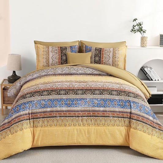 Boho Queen Comforter Set 8 Pieces, Yellow Bohemian Striped Bed in a Bag, Paisley Soft Microfiber Bedding Comforter Set