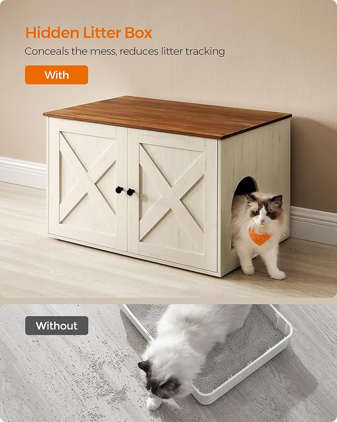 Feandrea Cat Litter Box Enclosure, Litter Box Furniture Hidden with Removable Divider, Indoor Cat House, End Table, 31.5 x 20.9 x 19.7 Inches, Honey Brown and Rustic White UPCL002P01-Mewly Pet