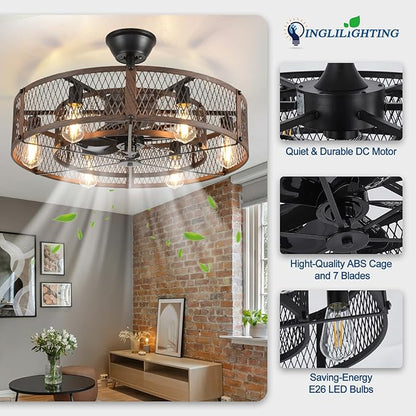 DLLT Caged Ceiling Fan with Lights: 26" Bladeless Fandelier with Light and Remote - Walnut Industrial Chandelier Fan Light for Bedroom Living Dining Room Kitchen