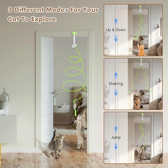 Interactive Cat Toys Rechargeable, Feather Toy for Indoor Cat, Hanging Retractable Teaser Toy, Automatic Kitten Play Chase Exercise Toys with Three Plush Mouse, USB Powered (Green)-Mewly Pet