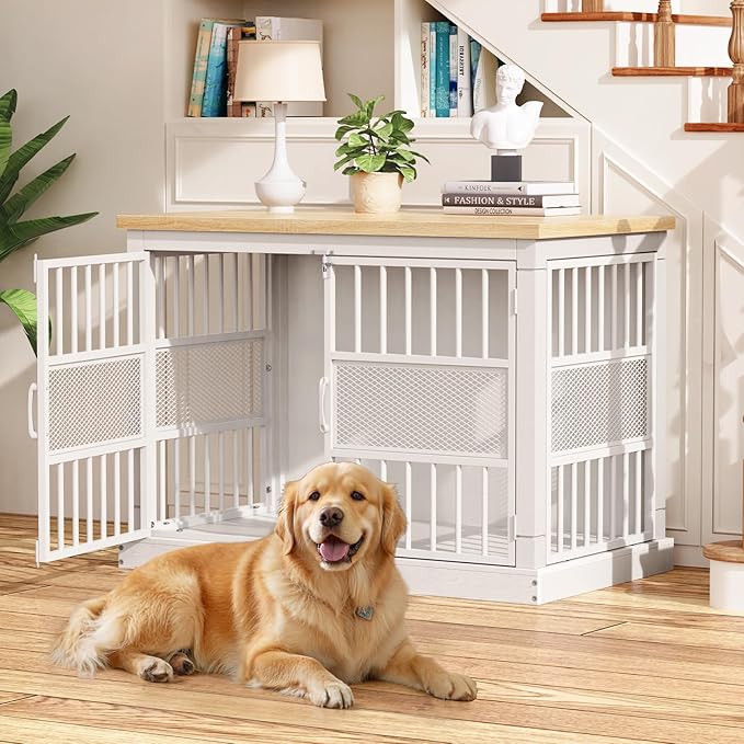 VOPEAK 46" Dog Crate Furniture, Chew Resistant Large Dog Crate for Medium Large Dogs, Heavy Duty XL Dog Crates Dog Kennel Cage Indoor with Double Doors, End Table for Bedroom Living Room, White-Mewly Pet