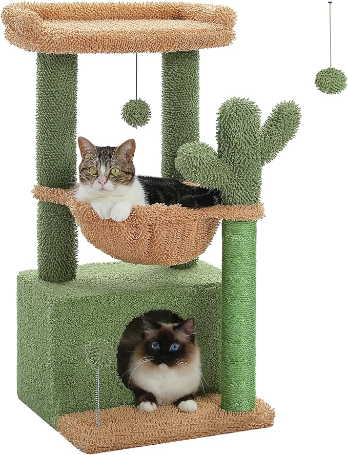 PEQULTI 4-in-1 Cactus Cat Tree, 33'' Cat Tower for Indoor Cats with Large Condo, Cat Scratching Post for Cats with Deep Hammock& Cozy Top Perch,Green-Mewly Pet