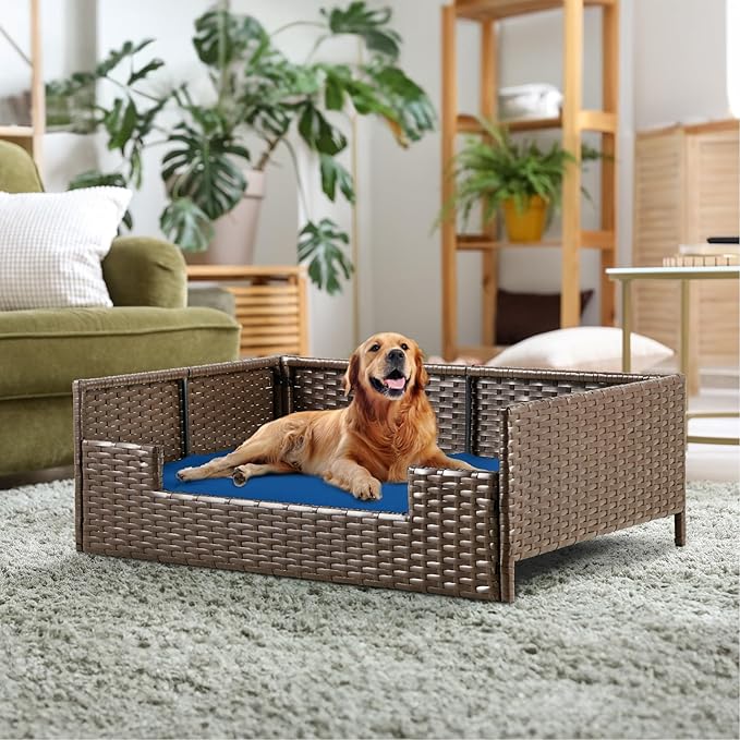 YITAHOME Rattan Dog Sofa Bed with Cushion, Wicker Pet Bed Sofa Couch Indoor Outdoor Waterproof for Large Medium Small Dogs Cats (38.6''L*26.4''W*15''H,Blue)-Mewly Pet
