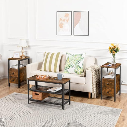 HOOBRO End Table with Charging Station, Narrow Side Table with 2 Drawer & Power Outlets, Nightstand Small Spaces, Rustic Brown and Black BF541BZP201