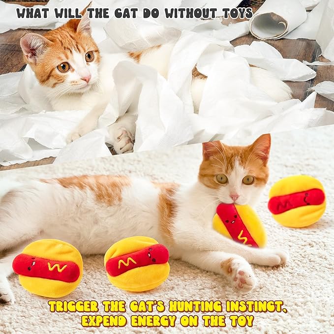 L1rabe Hot Dog Catnip Stuffed Toys - 5Pcs Fall Funny Hot Dog Cat Toys Indoor Yellow Interactive Pet Supplies, Kitten Chew Bite Tools Cat Lovers Gifts, Organic Eco-friendly Birthday Present for Kittens-Mewly Pet