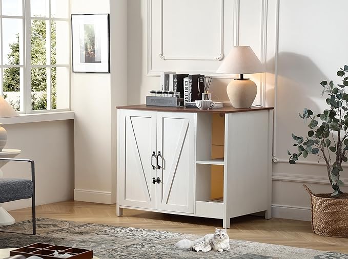 Cat Litter Robot Enclosure,for Placing Litter Robot 3/4,Power Outlet and Dog-Proof Shelf for Litter Robot Cabinet,Litter Collector for Automatic Litter Box Enclosure,Antique White-Mewly Pet