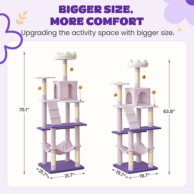 MWPO Flower Large Cat Tree, 70.1-Inch Multi-Level Tall Cat Tower for Indoor Cats, Plush Cat Condo with Big Padded Perches, Sisal-Covered Scratching Posts, Hammock, Toys for Kittens & Cats-Mewly Pet