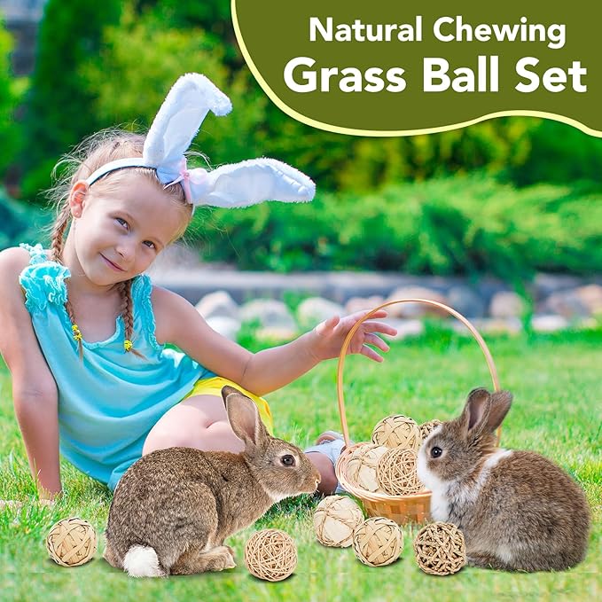 8 Pack Small Pet Chew Toys - 7cm Natural Woven Balls for Rabbits, Guinea Pigs, Hamsters (2 Seagrass, 2 Rattan, 2 Corn Husk, 2 Seaweed Rope) - Safe Dental Grinding Toys-Mewly Pet