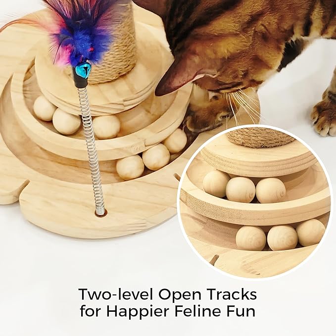 Cat Scratching Post, Cat Scratcher Toy for Indoor Cats, 17.3" Tall Scratch Post with 2-Layer Ball Tracks, Interactive Feather Toy and Sisal Hanging Ball, Banana Tree Cat Tower for Kittens-Mewly Pet