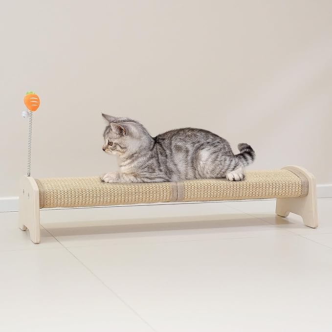 Cat Scratching Post, 30" Horizontal Sisal Scratch Post for Indoor Cats, Durable Cat Furniture Protector with Spring Toy-Mewly Pet