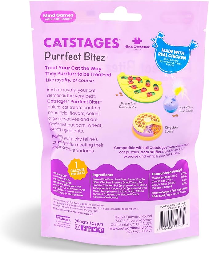 Catstages by Nina Ottosson Purrfect Bitez Natural Crunchy Cat Treats for Puzzles, Toys, Feeders, & Training, USA-Made, Real Chicken Flavor, 4oz-Mewly Pet