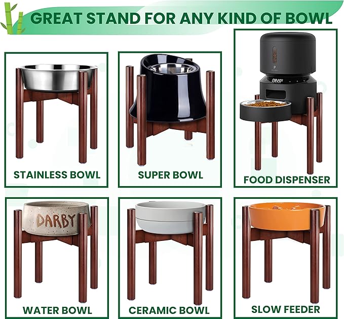Stand for Dog Water/Food Bowl, Fountain Dishes and Feeders - Makes 14-inch High, Ideal for Large Breeds - Adjustable Sideways with Lock, Dark Wood - Bowls Not Included-Mewly Pet