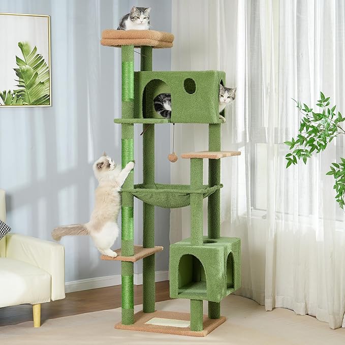 72” Cat Tree for Large Cats Big Cat Tower with Enlarged Hammock 21.6x17.7” Spacious Cats Condo House and Roomy Top Bed and Multiple Scratch Posts for Indoor Adult Cats (Green, XLarge-72)-Mewly Pet
