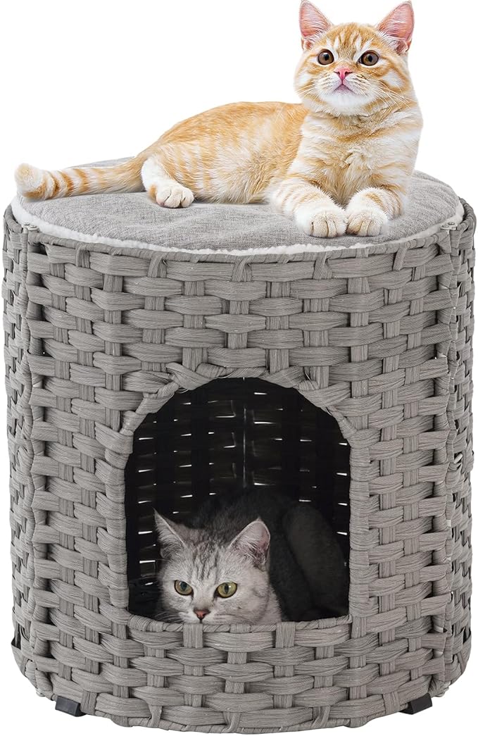 Cat House for Indoor Cat, Large Double Cat Houses Cat Bed Cave, Handwoven Rattan Pet Beds with One Soft Pad, 17 x 17 x 17 Inches Foldable Kitten Hideaway in Living Room Gray-Mewly Pet