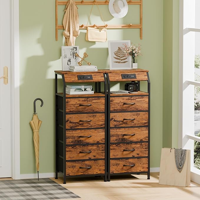 Furnulem 5 Drawers Dresser with Charging Station, Tall Night Stand with Storage Shelf, Fabric Chest of Drawers, Bedside Table for Closet, Entryway, Bedroom Furniture, 3 Ways to Use, Rustic Brown