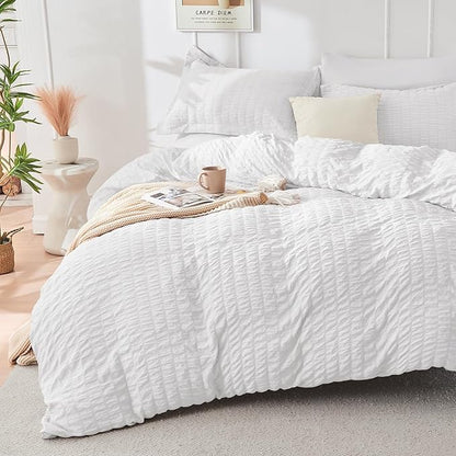 HYMOKEGE White California King Comforter Set Seersucker 7 Pieces, All Season Luxury Bed in a Bag for Bedroom, Bedding Set with Comforters, Sheets, Pillowcases & Shams