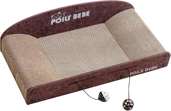 Poils Bebe 21 Inch Sofa Cat Scratcher, Small Cat Scratcher Cardboard with Bell Balls, Durable Couch Lounger for Indoor Cats, Cat Scratch Furniture Protector with Catnip, Cat Toys-Mewly Pet