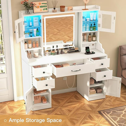 Quimoo Vanity Desk with Lighted Mirror & Power Outlet, 3 Color Modes & Adjustable Brightness, Makeup Vanity Table with 5 Drawers, 2 cabinets, 2 RGB cabinets, for Bedroom, White