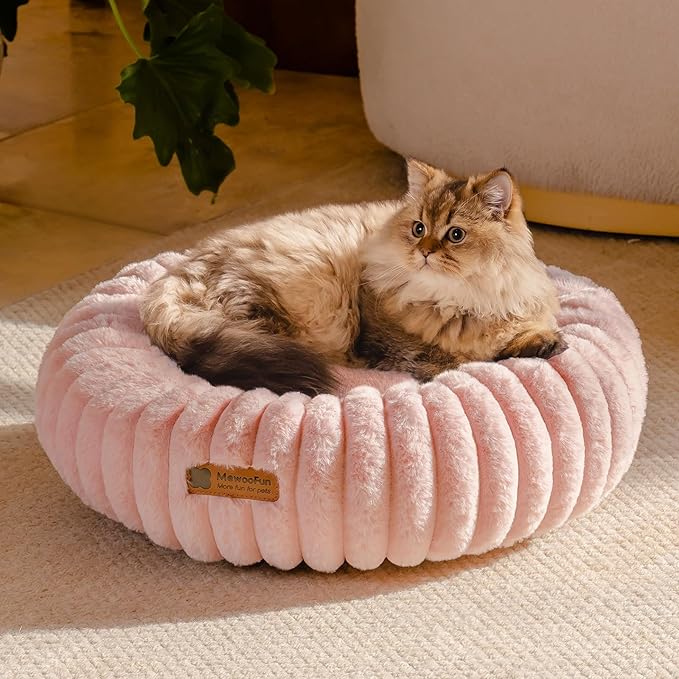 MEWOOFUN Donut Dog Beds for Small Dog, Calming Bed Round Cute Puppy Bed with Non-Slip Bottom, Fluffy Washable Pet Bed for Puppy and Kitten (Pink, XS (20x20x6))-Mewly Pet