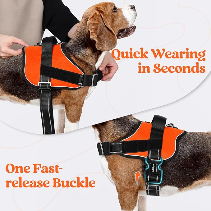 rabbitgoo Dog Harness for Large, Easy On Pet Vest with One Buckle, No Pull Adjustable Service Harness with D-Ring & Handle, Reflective for Safety Walking, Training, Orange, L-Mewly Pet