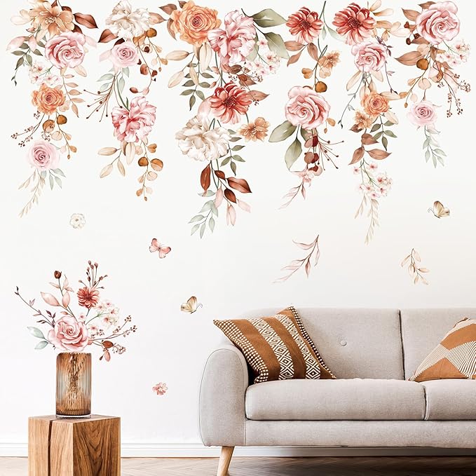 wondever Hanging Flower Vine Wall Stickers Boho Floral Leaves Peel and Stick Wall Art Decals for Living Room Girls Bedroom TV Wall