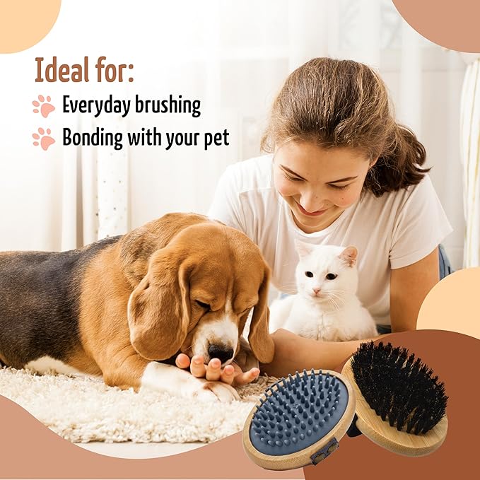 The Buddy System Pet Close Brush, Soft Touch Oval Palm Brush - Bamboo Massage Handheld with Soft Boar Bristles and Elastic Band for Dogs and Cats (2-pack, 1 Brush + 1 Rubber)-Mewly Pet