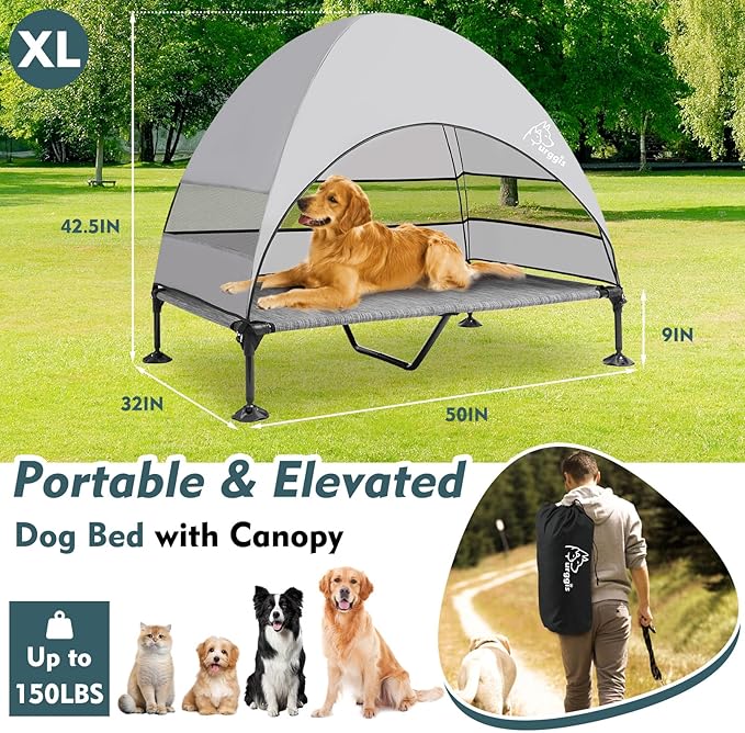 Upgraded Elevated Dog Bed with Canopy, Portable Raised Outdoor Dog Bed with Stable Anti-Slip Feet, Wider Shade Pet Bed Cot, Raised Dog Beds for Large Dogs Camping, Indoor & Outdoor Use-Mewly Pet
